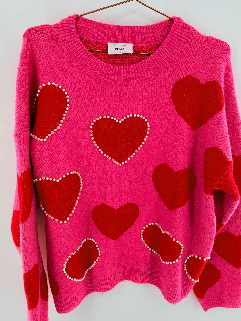 PEACH Pink Heart Pearl Embellished Sweater XL Valentine’s Cozy Knit